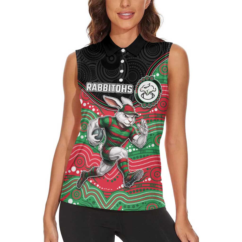 Custom Rabbitohs Women Sleeveless Polo Shirt Rabbit Mascot With Aboriginal Indigenous