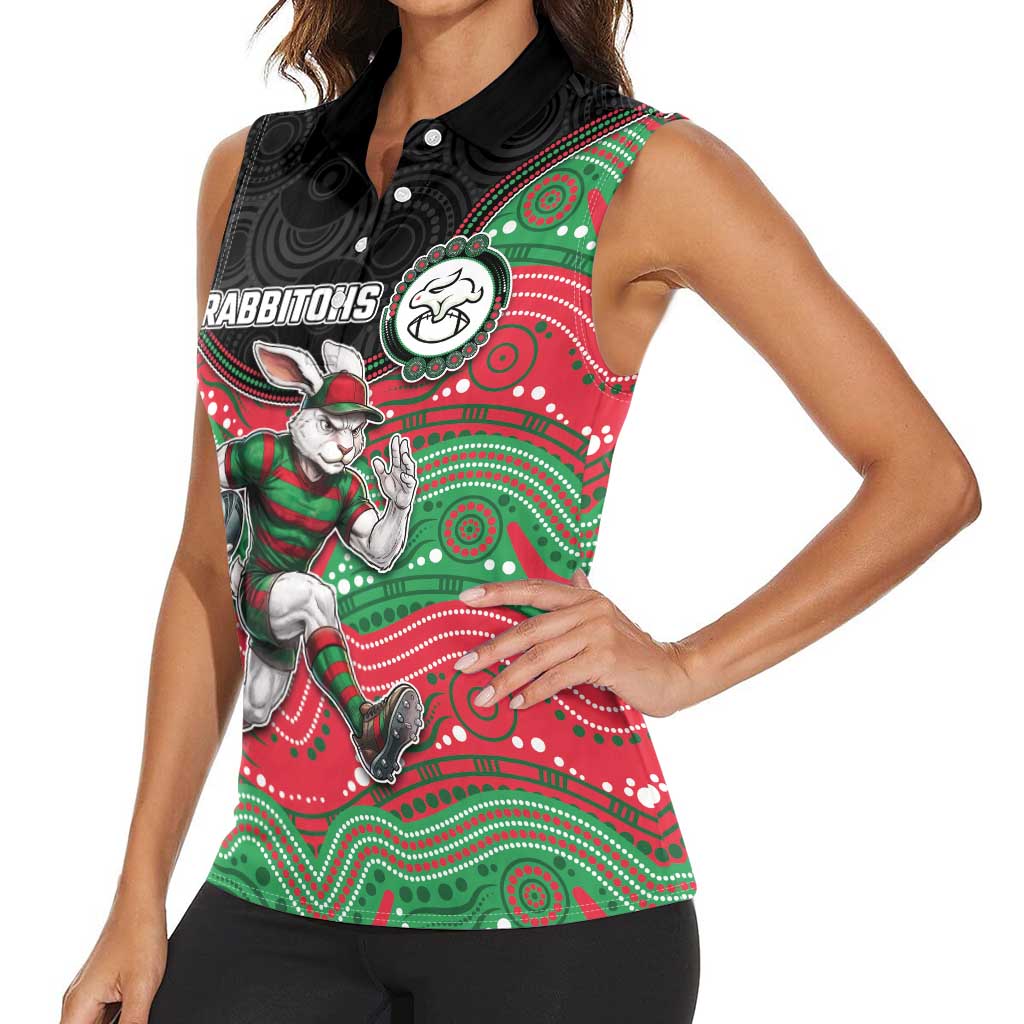 Custom Rabbitohs Women Sleeveless Polo Shirt Rabbit Mascot With Aboriginal Indigenous