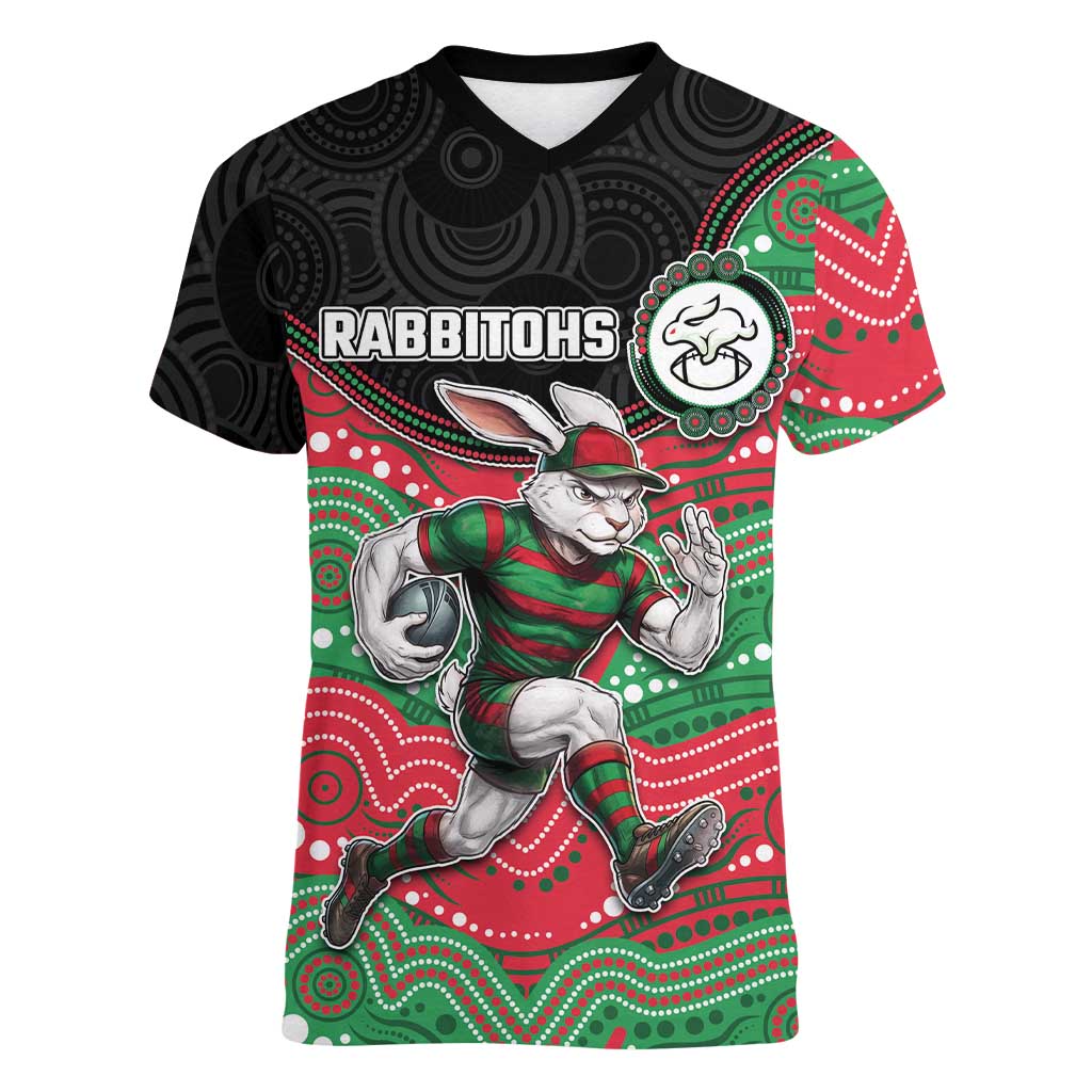 Custom Rabbitohs Women V-Neck T-Shirt Rabbit Mascot With Aboriginal Indigenous