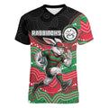 Custom Rabbitohs Women V-Neck T-Shirt Rabbit Mascot With Aboriginal Indigenous