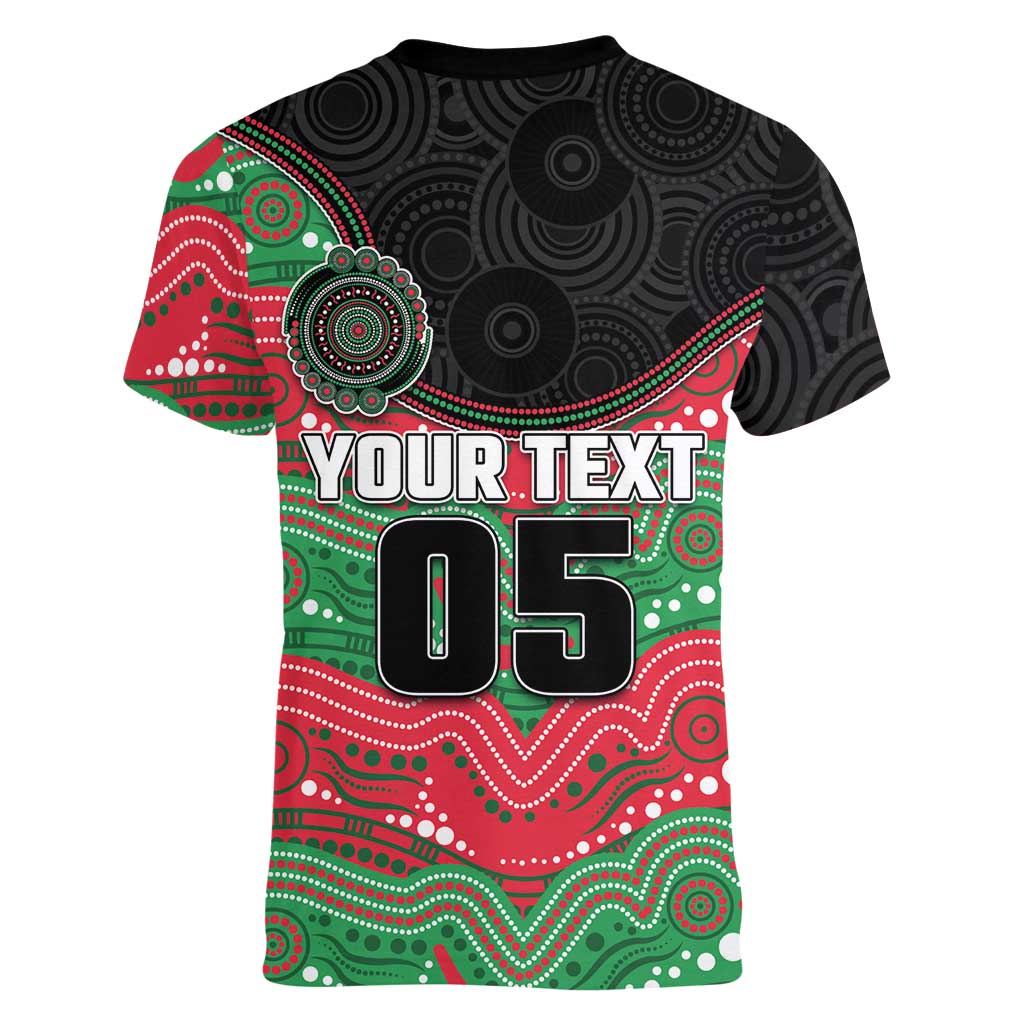 Custom Rabbitohs Women V-Neck T-Shirt Rabbit Mascot With Aboriginal Indigenous