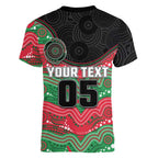 Custom Rabbitohs Women V-Neck T-Shirt Rabbit Mascot With Aboriginal Indigenous
