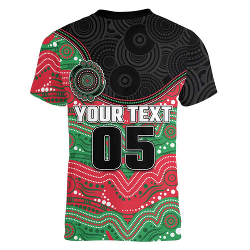 Custom Rabbitohs Women V-Neck T-Shirt Rabbit Mascot With Aboriginal Indigenous