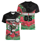 Custom Rabbitohs Women V-Neck T-Shirt Rabbit Mascot With Aboriginal Indigenous