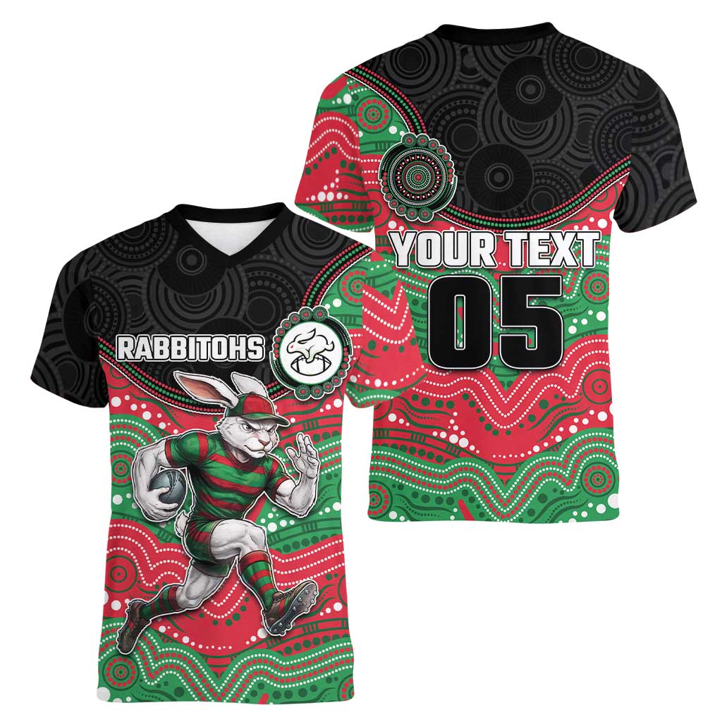 Custom Rabbitohs Women V-Neck T-Shirt Rabbit Mascot With Aboriginal Indigenous
