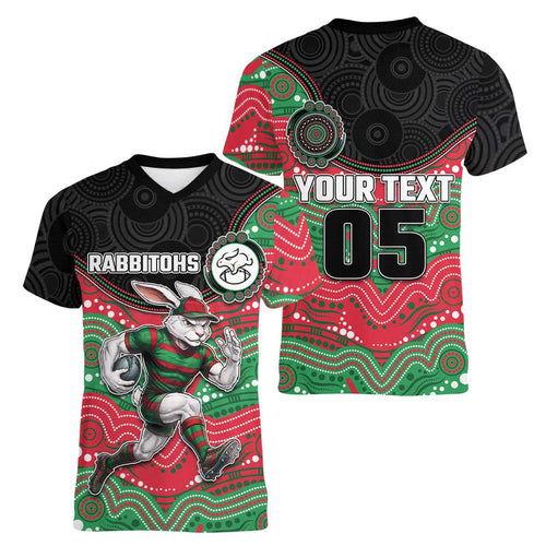 Custom Rabbitohs Women V-Neck T-Shirt Rabbit Mascot With Aboriginal Indigenous
