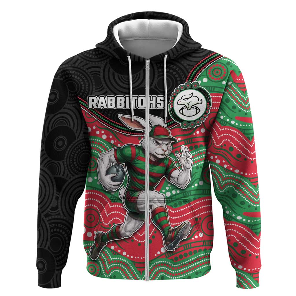 Custom Rabbitohs Zip Hoodie Rabbit Mascot With Aboriginal Indigenous