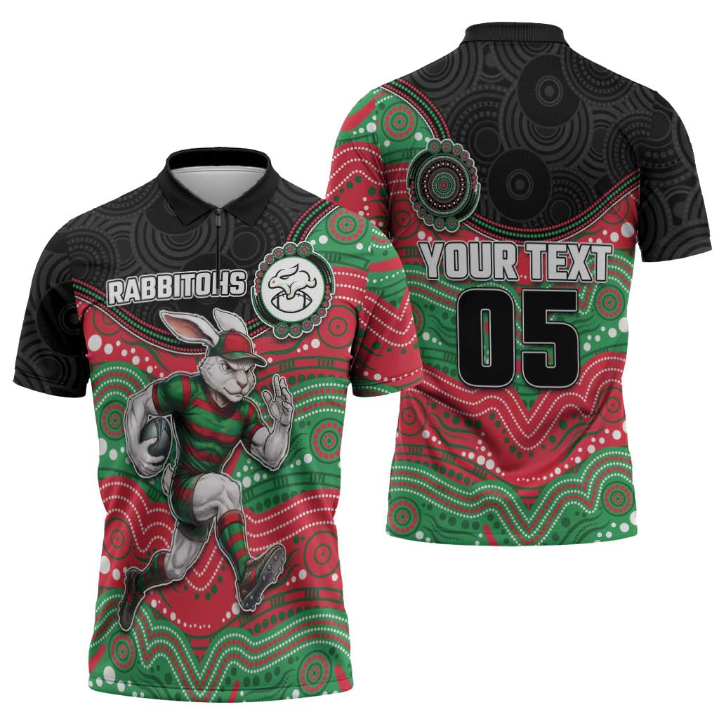 Custom Rabbitohs Zipper Polo Shirt Rabbit Mascot With Aboriginal Indigenous