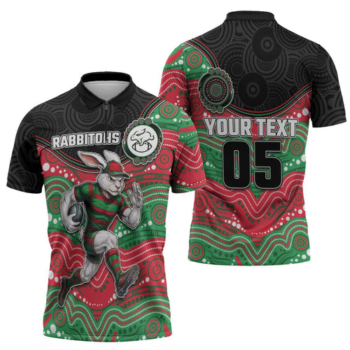 Custom Rabbitohs Zipper Polo Shirt Rabbit Mascot With Aboriginal Indigenous