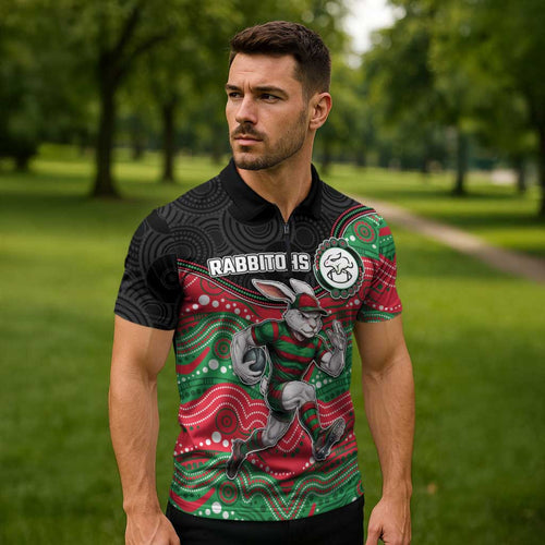 Custom Rabbitohs Zipper Polo Shirt Rabbit Mascot With Aboriginal Indigenous
