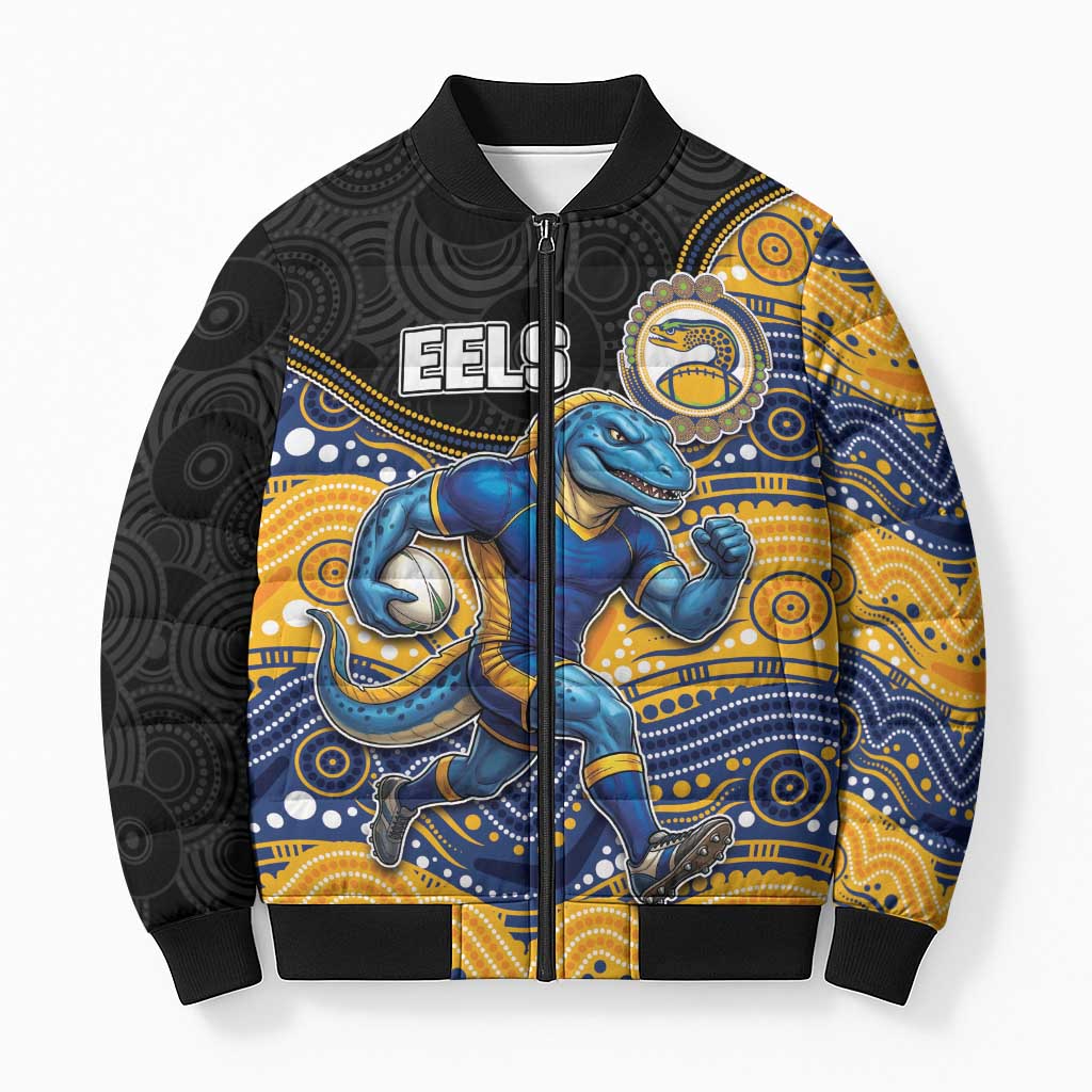 Custom Eels Bomber Puffer Jacket Eel Mascot With Aboriginal Indigenous