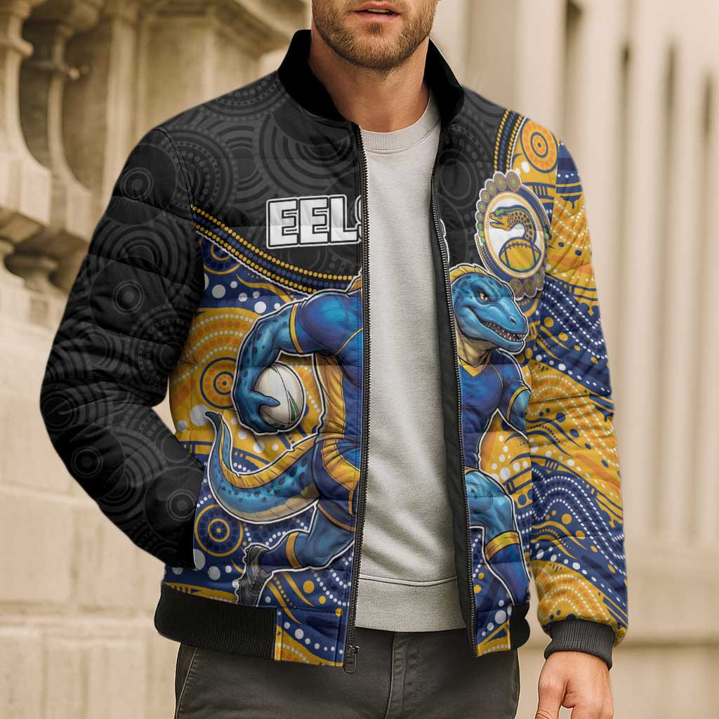 Custom Eels Bomber Puffer Jacket Eel Mascot With Aboriginal Indigenous