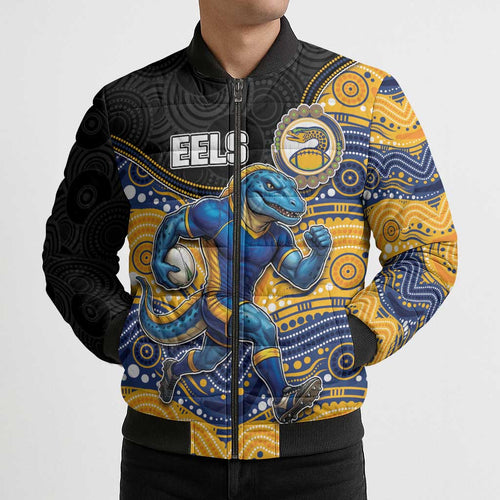 Custom Eels Bomber Puffer Jacket Eel Mascot With Aboriginal Indigenous
