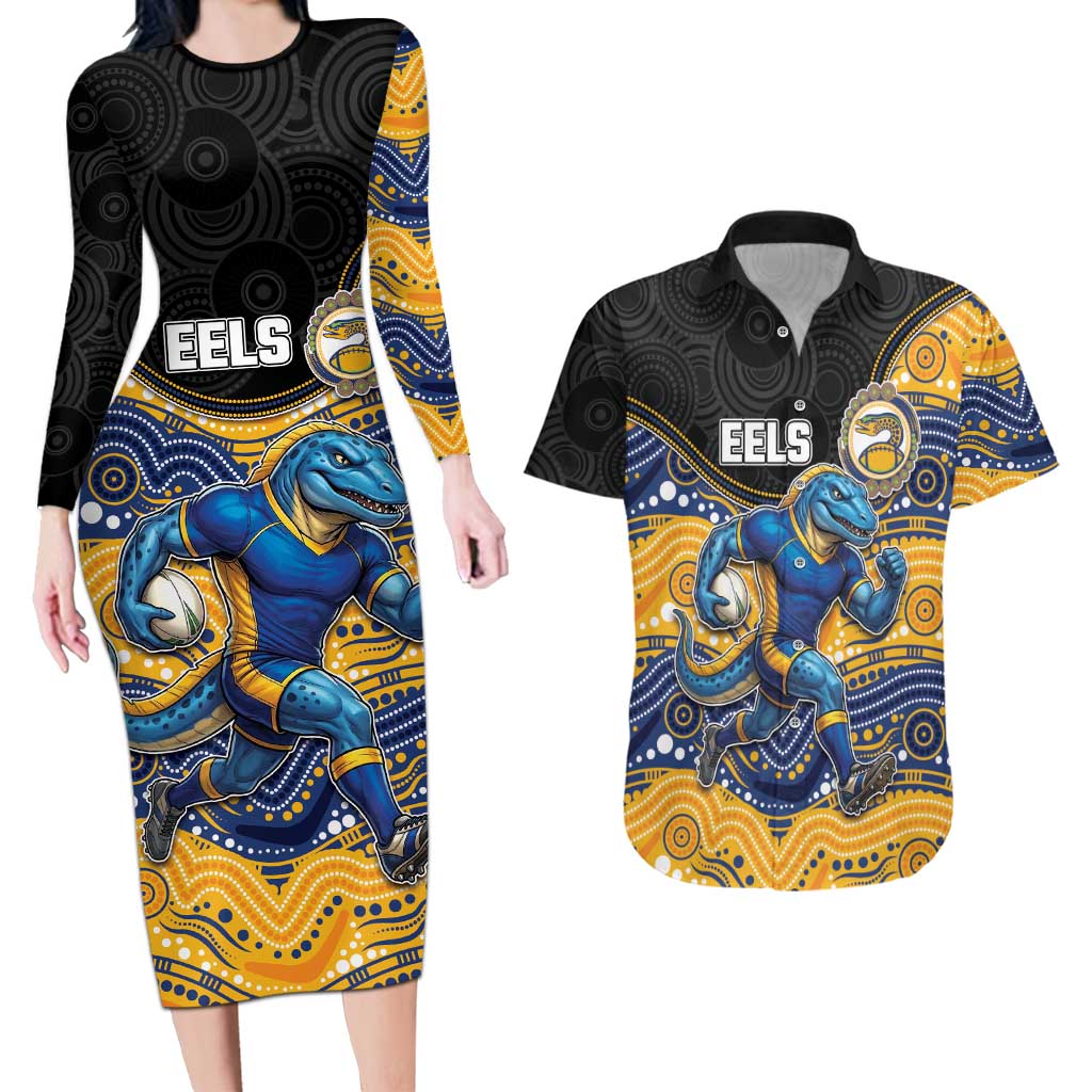 Custom Eels Couples Matching Long Sleeve Bodycon Dress and Hawaiian Shirt Eel Mascot With Aboriginal Indigenous