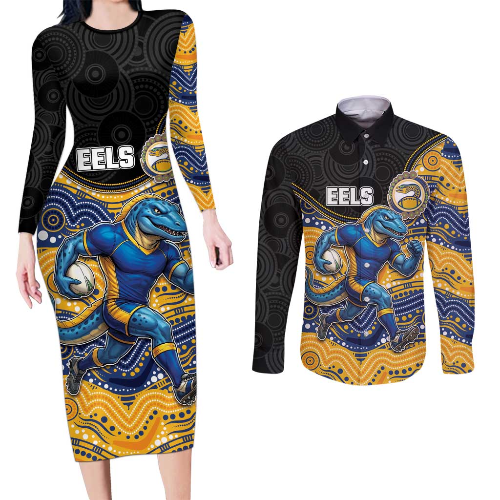 Custom Eels Couples Matching Long Sleeve Bodycon Dress and Long Sleeve Button Shirt Eel Mascot With Aboriginal Indigenous
