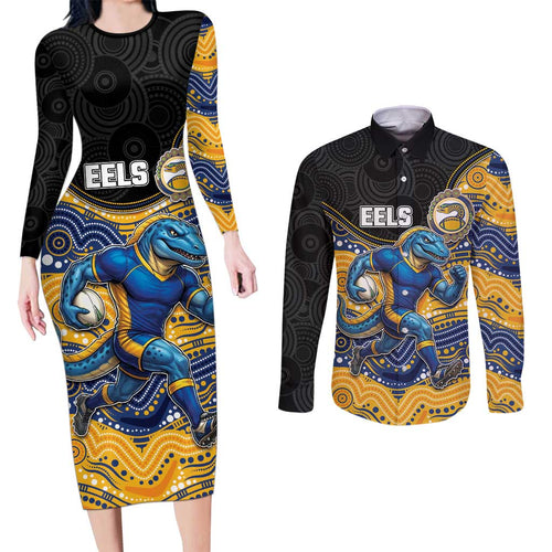 Custom Eels Couples Matching Long Sleeve Bodycon Dress and Long Sleeve Button Shirt Eel Mascot With Aboriginal Indigenous