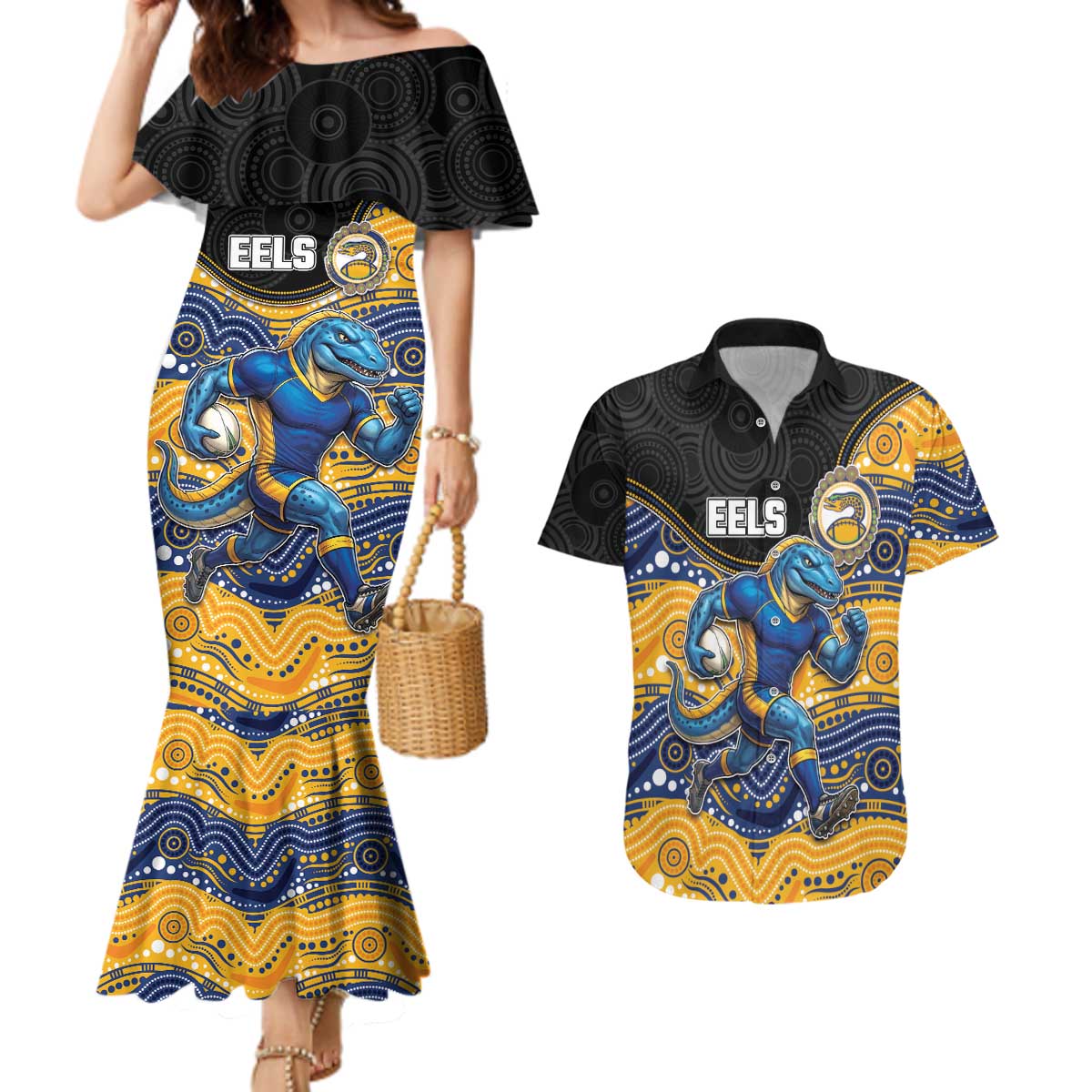 Custom Eels Couples Matching Mermaid Dress and Hawaiian Shirt Eel Mascot With Aboriginal Indigenous