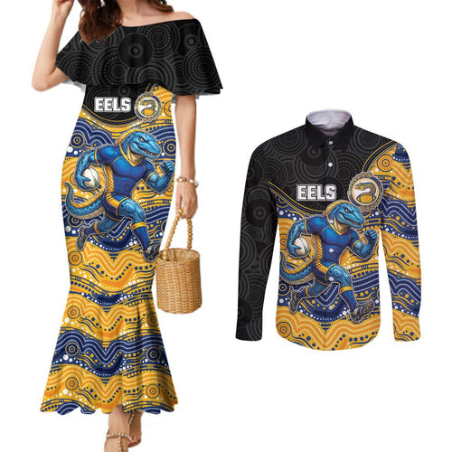 Custom Eels Couples Matching Mermaid Dress and Long Sleeve Button Shirt Eel Mascot With Aboriginal Indigenous