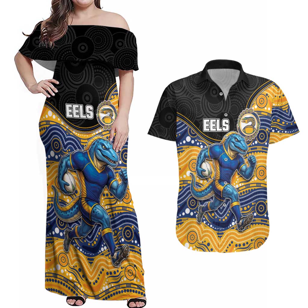 Custom Eels Couples Matching Off Shoulder Maxi Dress and Hawaiian Shirt Eel Mascot With Aboriginal Indigenous