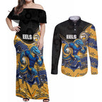 Custom Eels Couples Matching Off Shoulder Maxi Dress and Long Sleeve Button Shirt Eel Mascot With Aboriginal Indigenous