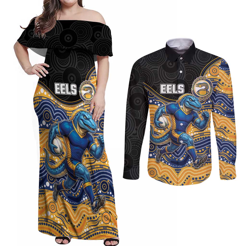 Custom Eels Couples Matching Off Shoulder Maxi Dress and Long Sleeve Button Shirt Eel Mascot With Aboriginal Indigenous