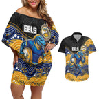 Custom Eels Couples Matching Off Shoulder Short Dress and Hawaiian Shirt Eel Mascot With Aboriginal Indigenous