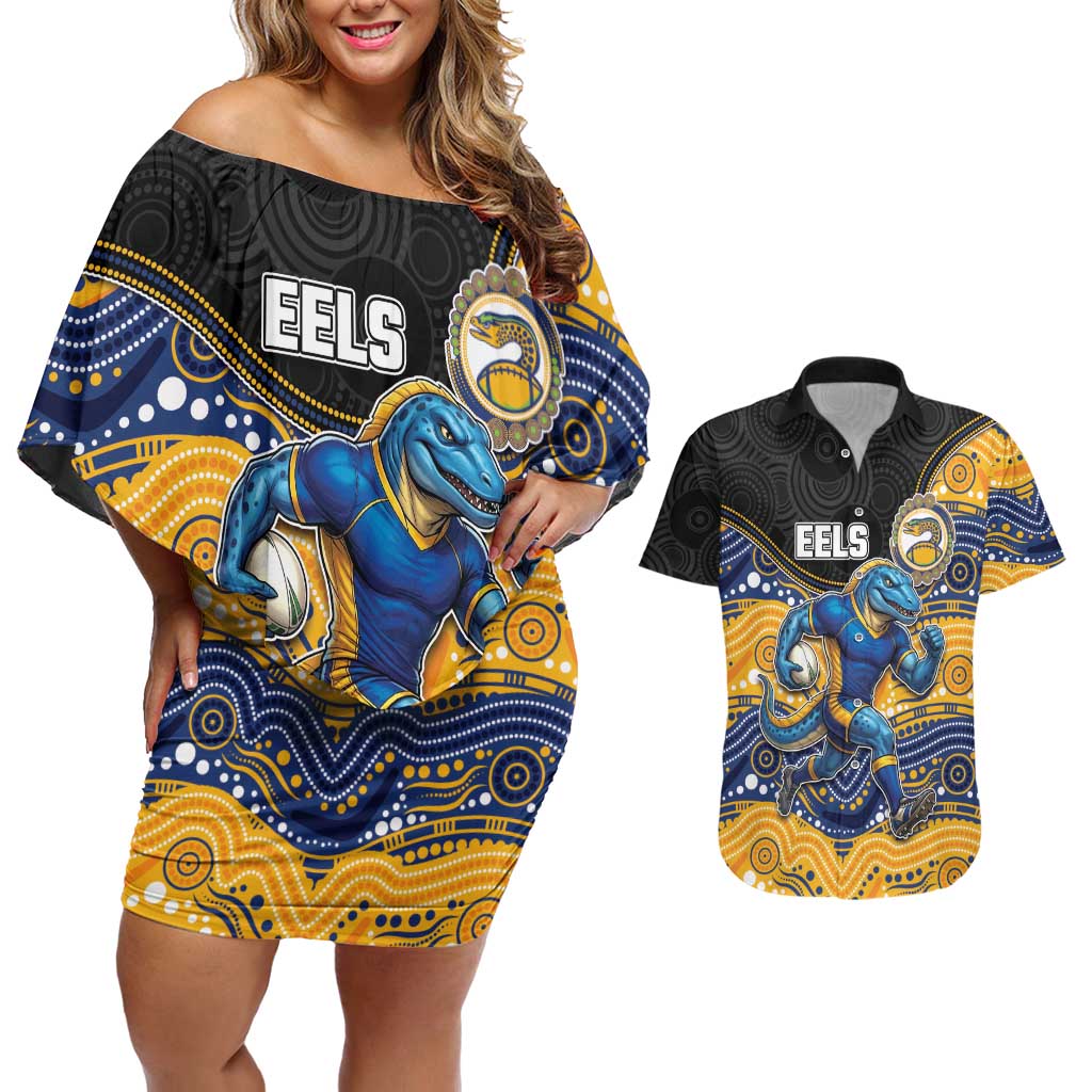 Custom Eels Couples Matching Off Shoulder Short Dress and Hawaiian Shirt Eel Mascot With Aboriginal Indigenous