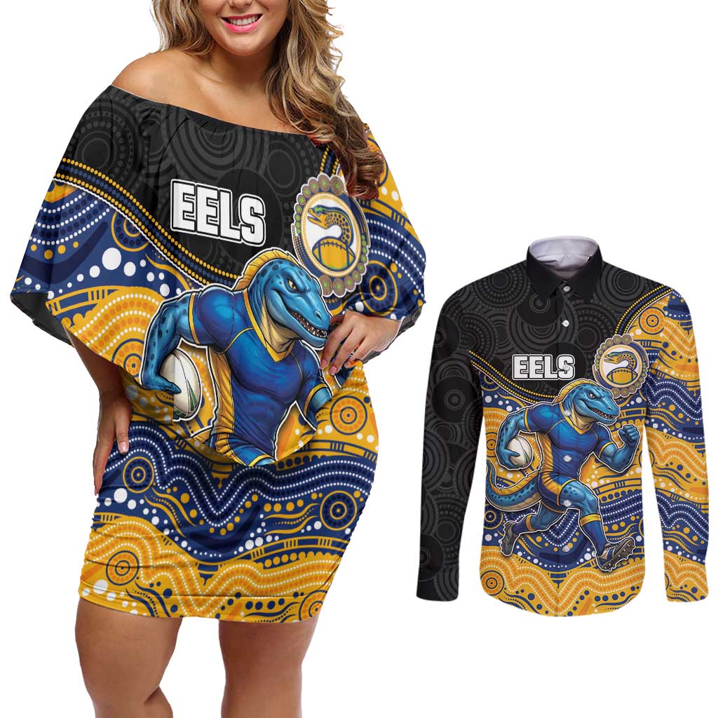 Custom Eels Couples Matching Off Shoulder Short Dress and Long Sleeve Button Shirt Eel Mascot With Aboriginal Indigenous