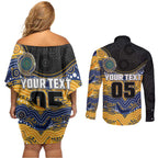 Custom Eels Couples Matching Off Shoulder Short Dress and Long Sleeve Button Shirt Eel Mascot With Aboriginal Indigenous
