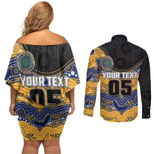 Custom Eels Couples Matching Off Shoulder Short Dress and Long Sleeve Button Shirt Eel Mascot With Aboriginal Indigenous