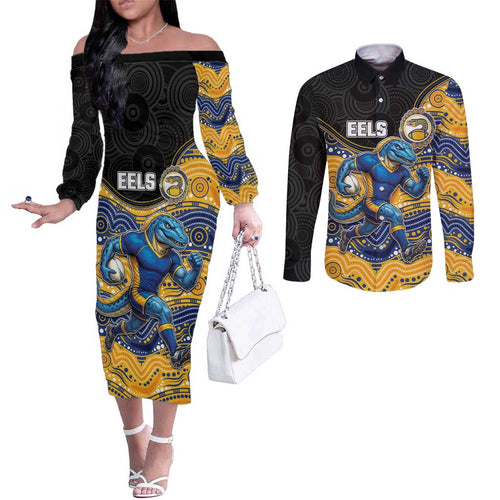 Custom Eels Couples Matching Off The Shoulder Long Sleeve Dress and Long Sleeve Button Shirt Eel Mascot With Aboriginal Indigenous