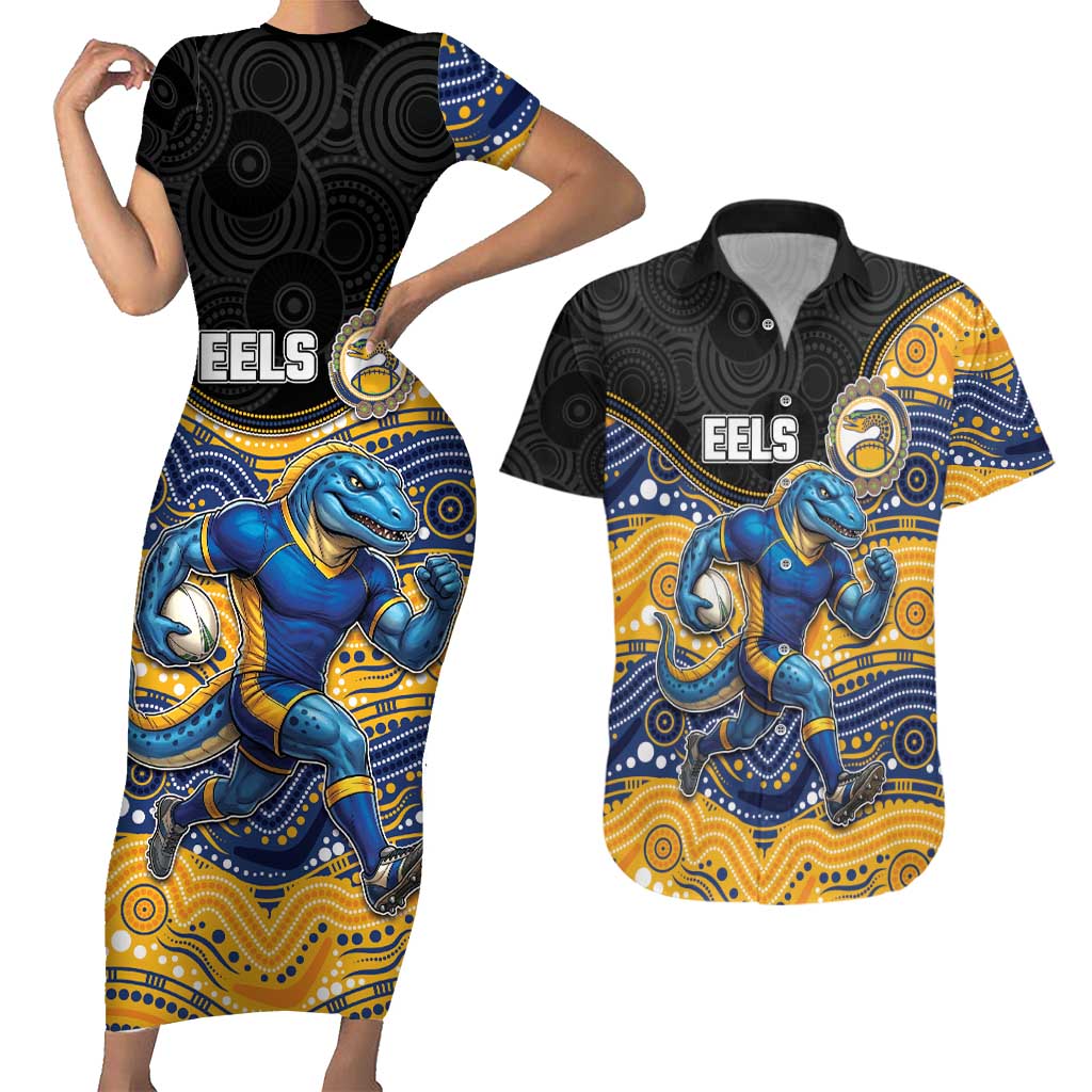 Custom Eels Couples Matching Short Sleeve Bodycon Dress and Hawaiian Shirt Eel Mascot With Aboriginal Indigenous