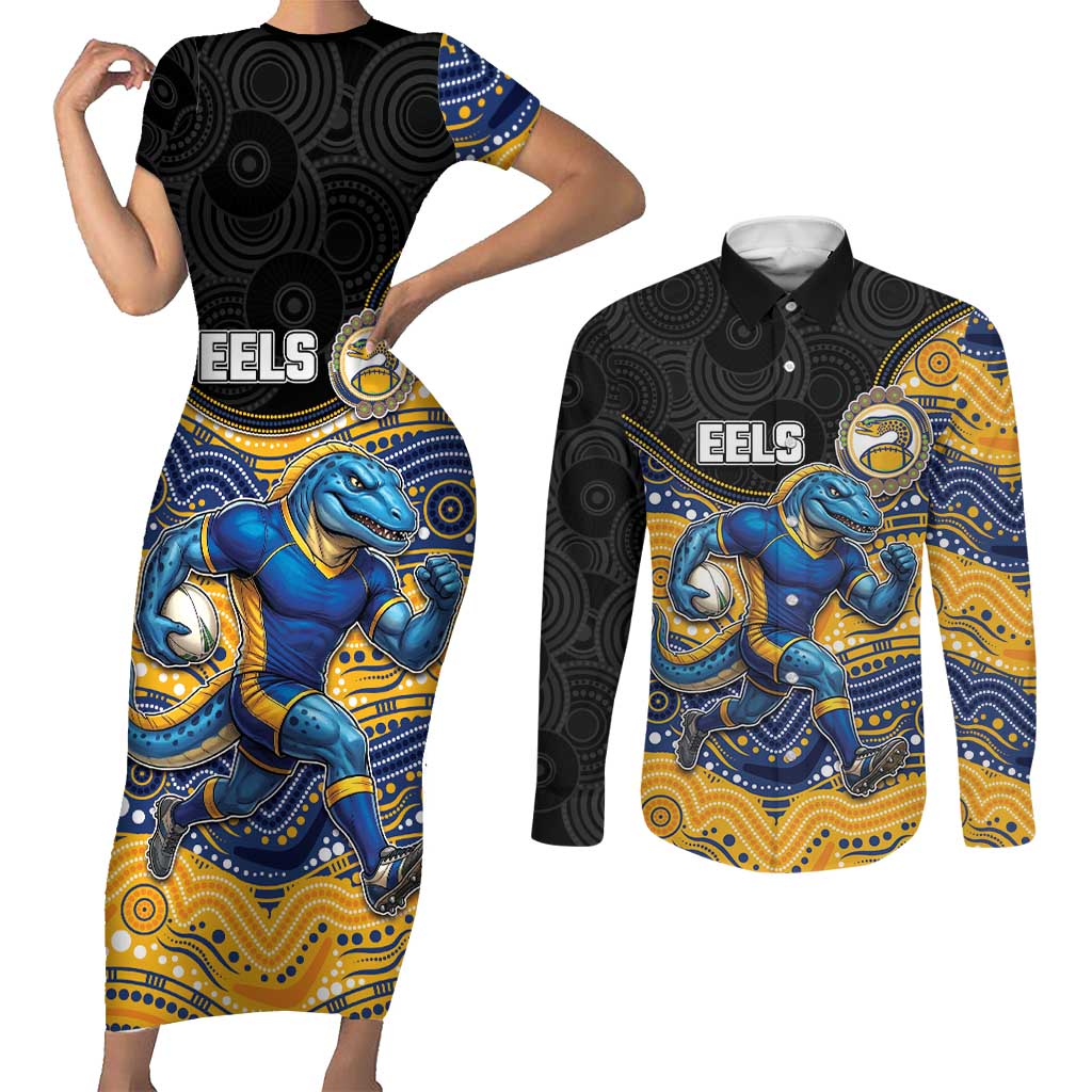 Custom Eels Couples Matching Short Sleeve Bodycon Dress and Long Sleeve Button Shirt Eel Mascot With Aboriginal Indigenous
