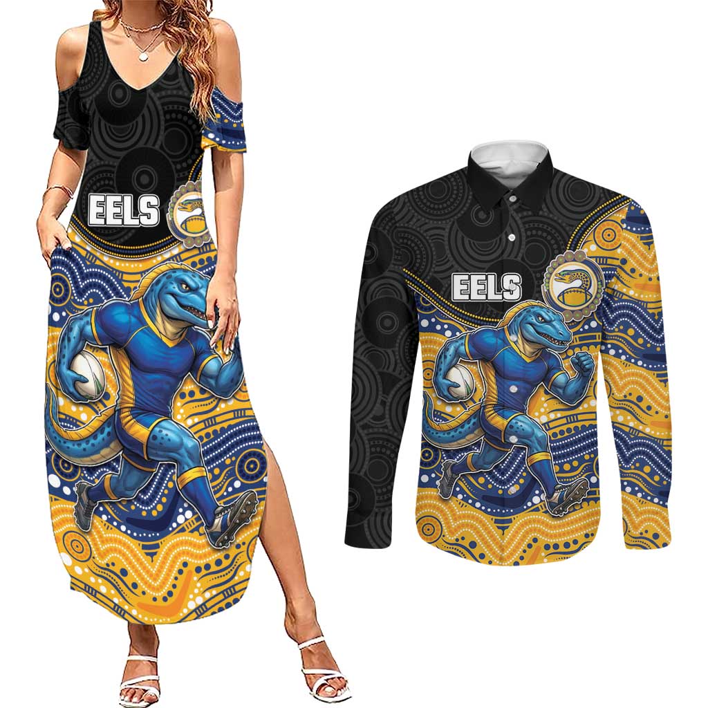 Custom Eels Couples Matching Summer Maxi Dress and Long Sleeve Button Shirt Eel Mascot With Aboriginal Indigenous