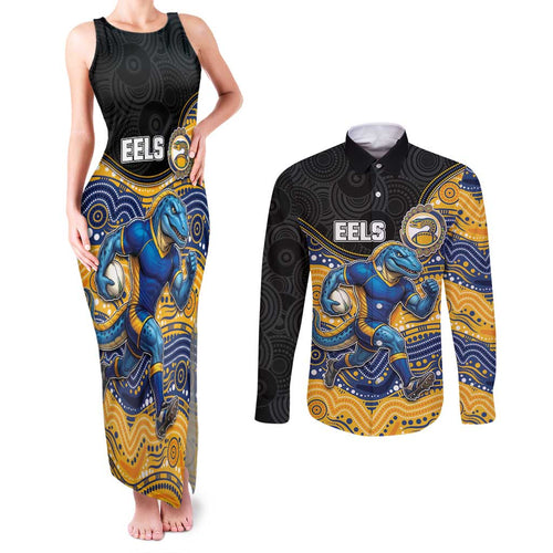 Custom Eels Couples Matching Tank Maxi Dress and Long Sleeve Button Shirt Eel Mascot With Aboriginal Indigenous