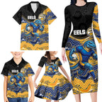 Custom Eels Family Matching Long Sleeve Bodycon Dress and Hawaiian Shirt Eel Mascot With Aboriginal Indigenous