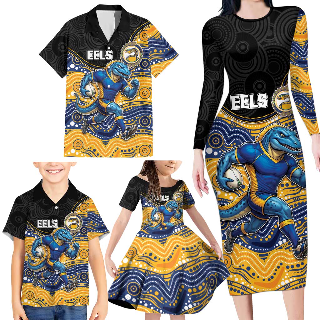 Custom Eels Family Matching Long Sleeve Bodycon Dress and Hawaiian Shirt Eel Mascot With Aboriginal Indigenous