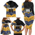 Custom Eels Family Matching Long Sleeve Bodycon Dress and Hawaiian Shirt Eel Mascot With Aboriginal Indigenous