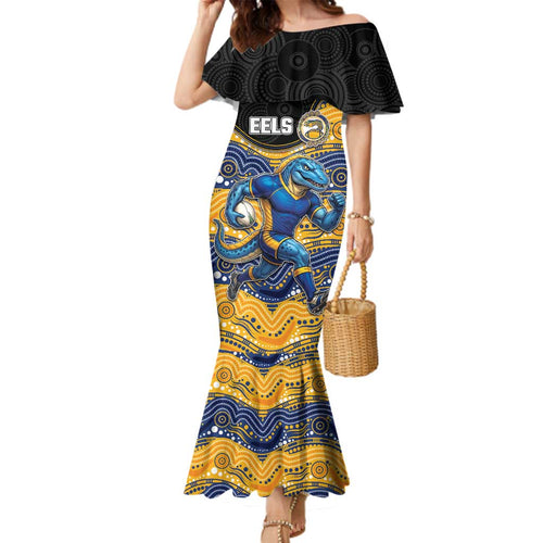 Custom Eels Family Matching Mermaid Dress and Hawaiian Shirt Eel Mascot With Aboriginal Indigenous