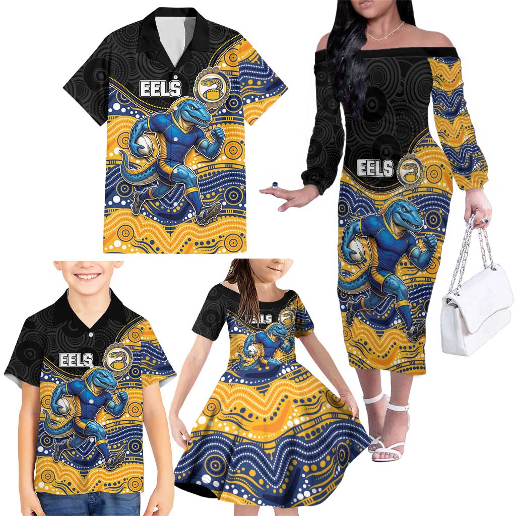 Custom Eels Family Matching Off The Shoulder Long Sleeve Dress and Hawaiian Shirt Eel Mascot With Aboriginal Indigenous