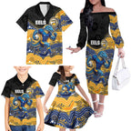 Custom Eels Family Matching Off The Shoulder Long Sleeve Dress and Hawaiian Shirt Eel Mascot With Aboriginal Indigenous