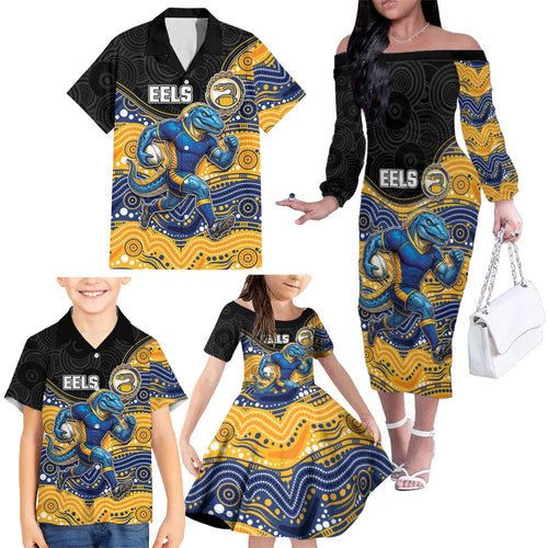 Custom Eels Family Matching Off The Shoulder Long Sleeve Dress and Hawaiian Shirt Eel Mascot With Aboriginal Indigenous
