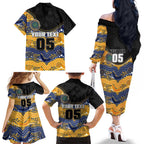 Custom Eels Family Matching Off The Shoulder Long Sleeve Dress and Hawaiian Shirt Eel Mascot With Aboriginal Indigenous