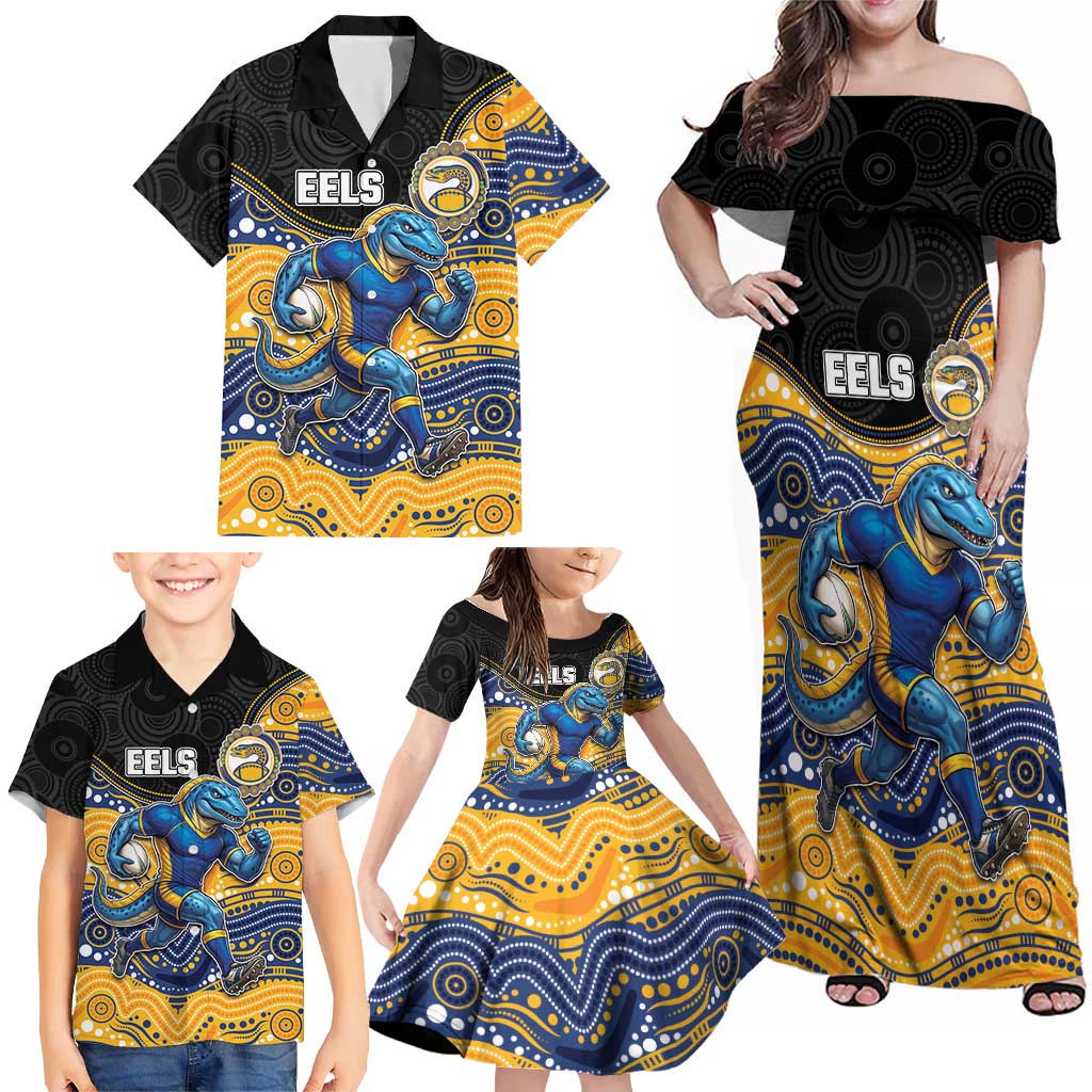 Custom Eels Family Matching Off Shoulder Maxi Dress and Hawaiian Shirt Eel Mascot With Aboriginal Indigenous