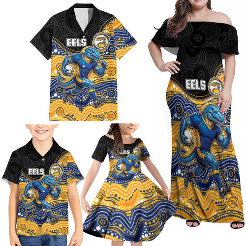 Custom Eels Family Matching Off Shoulder Maxi Dress and Hawaiian Shirt Eel Mascot With Aboriginal Indigenous