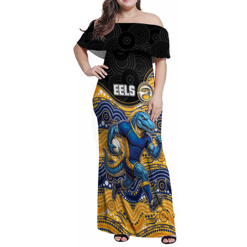 Custom Eels Family Matching Off Shoulder Maxi Dress and Hawaiian Shirt Eel Mascot With Aboriginal Indigenous