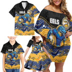 Custom Eels Family Matching Off Shoulder Short Dress and Hawaiian Shirt Eel Mascot With Aboriginal Indigenous