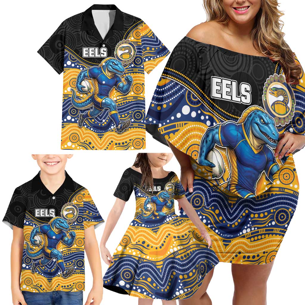 Custom Eels Family Matching Off Shoulder Short Dress and Hawaiian Shirt Eel Mascot With Aboriginal Indigenous