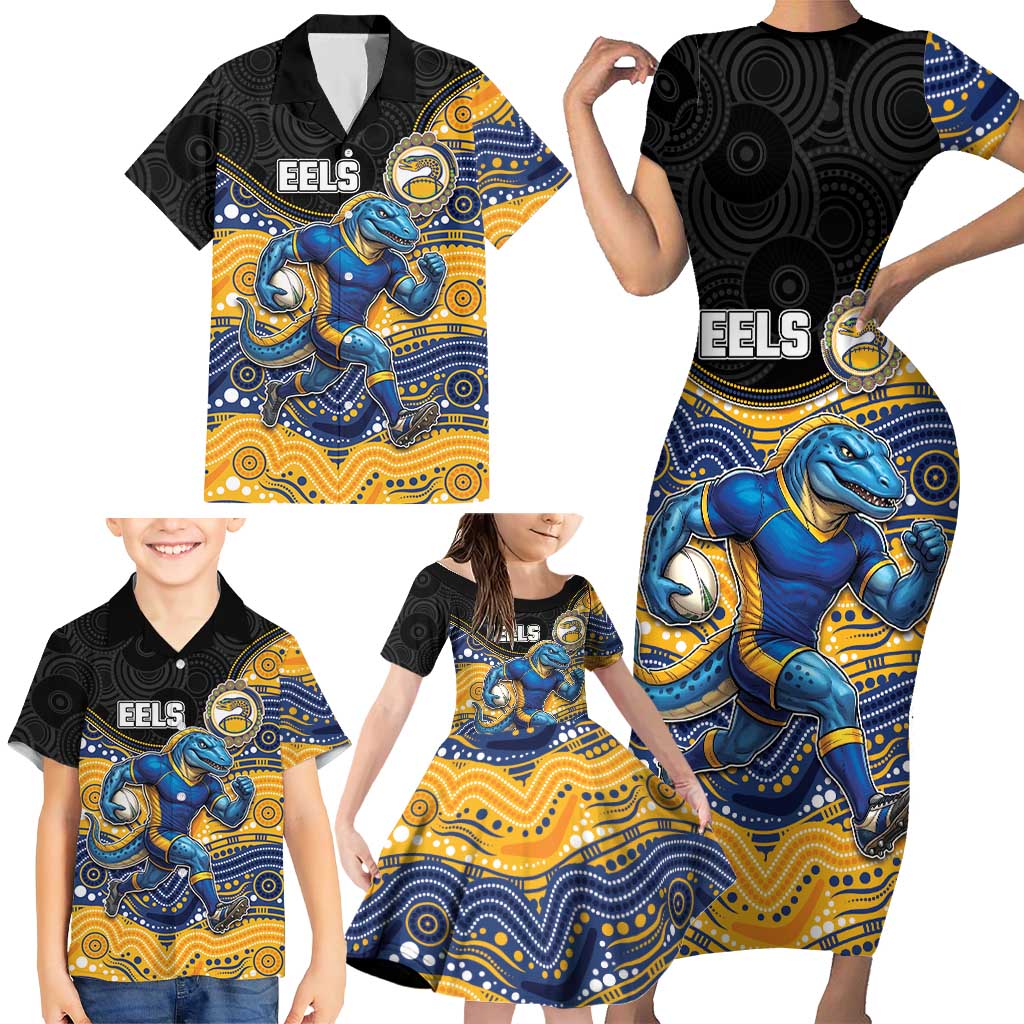 Custom Eels Family Matching Short Sleeve Bodycon Dress and Hawaiian Shirt Eel Mascot With Aboriginal Indigenous
