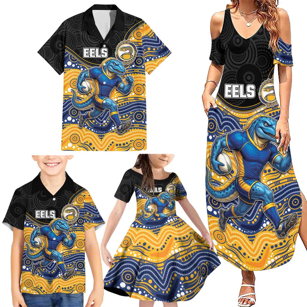 Custom Eels Family Matching Summer Maxi Dress and Hawaiian Shirt Eel Mascot With Aboriginal Indigenous